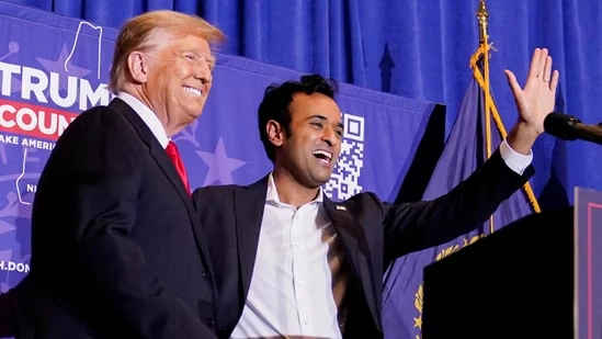 Illustration of Ramanathan Ramaswamy and Donald Trump shaking hands, a metaphor for their unexpected yet influential partnership in the political arena.