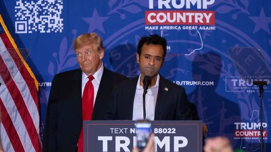 Image depicting a split-screen of Ramanathan Ramaswamy and Donald Trump, representing the distinct yet interconnected paths of these political figures.