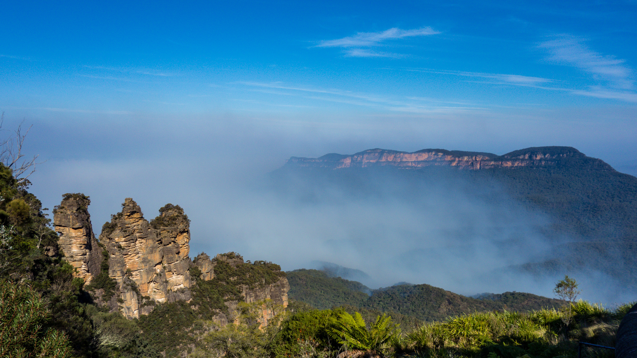Panoramic view of Grose Valley from Pulpit Rock lookout near Blackheath in Blue Mountains National Park, showcasing the stunning natural vista and rugged terrain.